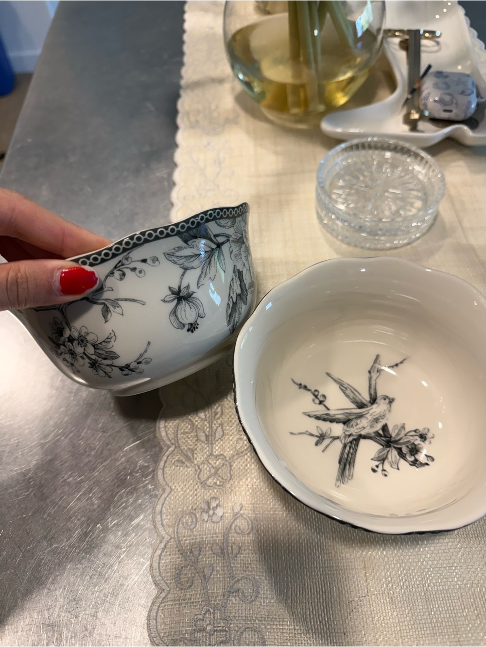 222 Fifth Adelaide White Porcelain Bird & Floral Bowls